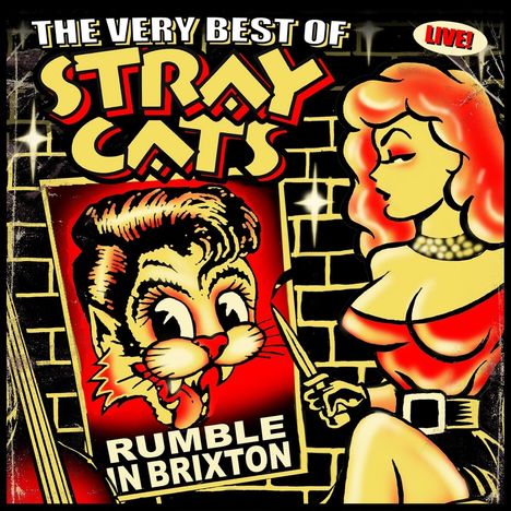 „STRAY CATS RUMBLE IN BRIXTON“. Es zeigt eine Illustration von Katzenfiguren und eine Frau im Retro-Stil.