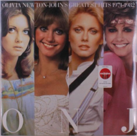 "OLIVIA NEWTON-JOHN'S GREATEST HITS 1971-1982" steht über vier Frauenporträts nebeneinander mit den Buchstaben O, N, J.