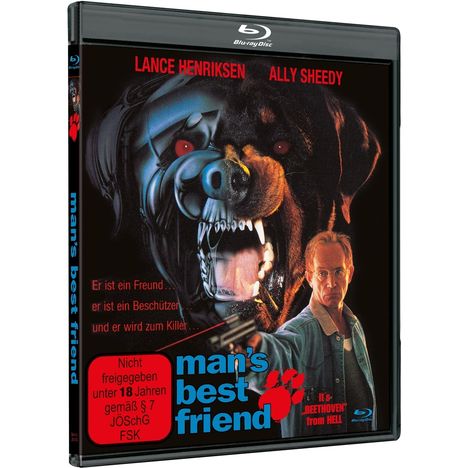 Blu-ray Cover: "man's best friend" steht in Blau-Rot. Ein aggressiver Hund zeigt Zähne, ein Mann mit Waffe daneben.