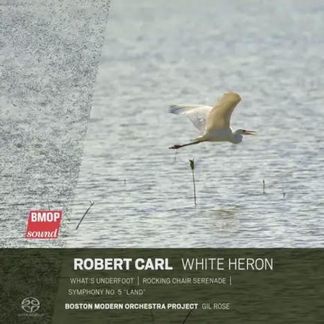 Robert Carl, White Heron, Boston Modern Orchestra Project. Ein Reiher fliegt niedrig über Wasser.