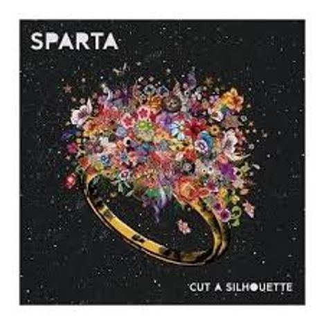 "SPARTA" und "CUT A SILHOUETTE". Eine bunte Blumenexplosion aus einem goldenen Ring vor schwarzem Hintergrund.