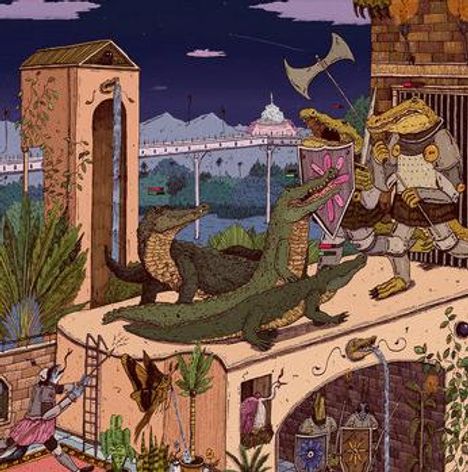 Illustration: Krokodile betreten eine Burg, ein Ritter mit Axt und Schild steht davor, Pflanzen und ein Fluss im Hintergrund.