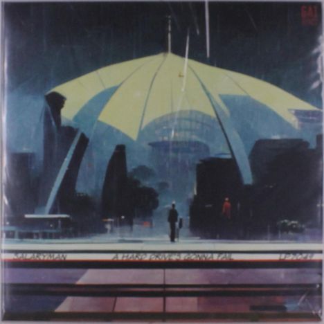 Text: "A HARD RAIN'S GONNA FALL"  
Illustration: Futuristische Stadt bei Regen mit einer großen, schirmartigen Struktur, Menschen im Vordergrund.