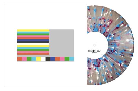 Text: "GloboProWar REDUX". Links farbige Streifen, rechts bunte Vinylschallplatte mit blau-rotem Sprenkelmuster.