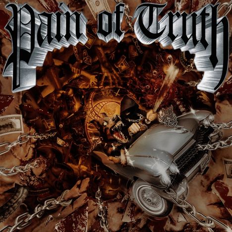 "Pain of Truth" in gotischer Schrift, Illustration eines Wolfes in einem Auto, umgeben von Ketten und Geldscheinen.