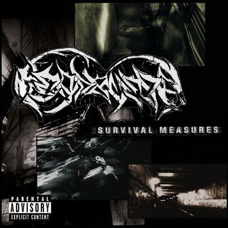 Oben mittig steht "Survival Measures". Darüber ein stilisiertes Logo. Der Hintergrund zeigt dunkle, chaotische Szenen.
