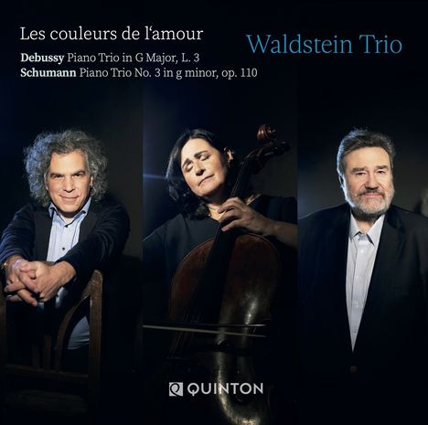 „Les couleurs de l'amour“, „Waldstein Trio“, „Debussy“, „Schumann“. Drei Musiker, lächelnd, eine spielt Cello. Quinton-Logo.