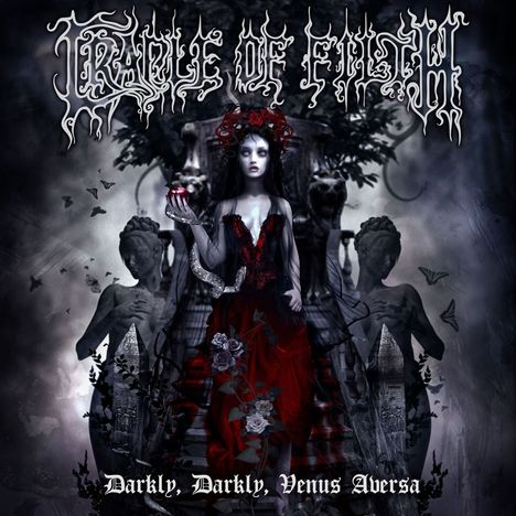 „Cradle of Filth“ und „Darkly, Darkly, Venus Aversa“. Gothic-Illustration mit Frau in rotem Kleid, Statuen im Hintergrund.