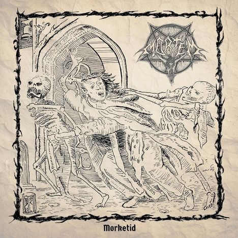"Mørketid." Rot-schwarze Zeichnung eines Skeletts, das eine Person packt, dramatische Szene, verziertes Logo oben.