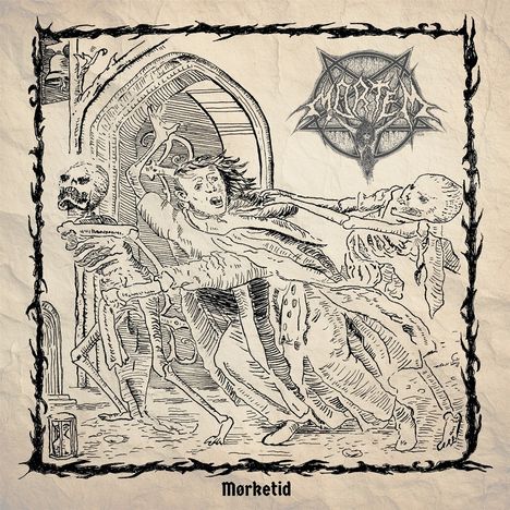 Text: "Mørketid". Illustration: Skelettartige Gestalten ziehen eine Person mit angstverzerrtem Gesicht in einen Torbogen.