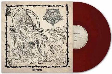 "Morketid" steht unten. Zeichnung zeigt Figuren im mittelalterlichen Stil. Rote Vinyl-Schallplatte daneben.