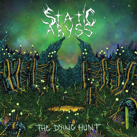 „Static Abyss“ und „The Dying Hunt“ vor grün-blauem Himmel, futurale Waldlandschaft, leuchtende Energieleitungen.
