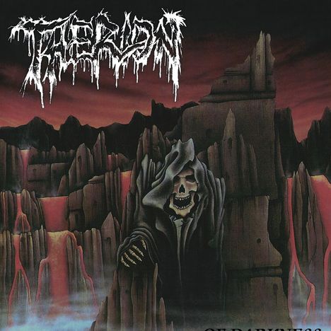 THERION. Ein Skelett in schwarz-roter Landschaft, mit Kapuze, umgeben von felsigen Strukturen und Lavaflüssen.