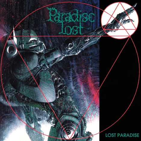 "Paradise Lost" und "Lost Paradise" erscheinen. Eine düstere, futuristische Illustration mit einer mechanischen Figur und roten Linien.