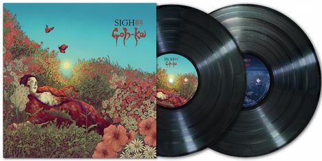 Text: SIGH Goh-Ko. Zwei Schallplatten, eine Illustration zeigt eine Person in einem Blumenfeld mit Schmetterlingen.