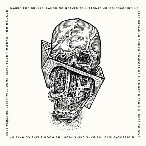 Texte: "MASKS FOR SKULLS...", "LAUGHING GRAVES...", "DREAMING SKULLS...". Detaillierte Schwarz-Weiß-Illustration eines Schädels.