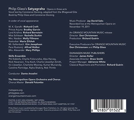 Philip Glass (geb. 1937): Satyagraha (Oper in 3 Akten), 3 CDs