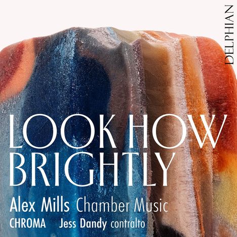 "LOOK HOW BRIGHTLY" in weißen Buchstaben vor buntem, abstraktem Kunsthintergrund.