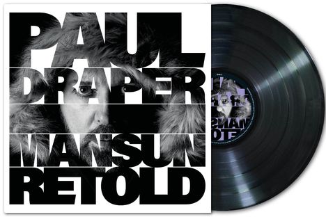 "PAUL DRAPER MANSUN RETOLD" in großen Buchstaben. Ein Gesicht mit Kapuze ist im Hintergrund zu sehen.