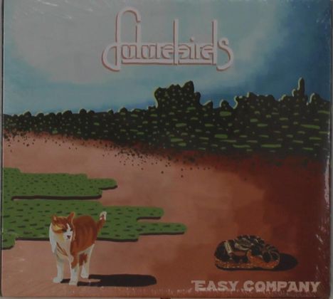 Text: "funerals", "EASY COMPANY". Illustration: Eine Katze und eine Schlange stehen auf einer Landschaft mit Büschen.