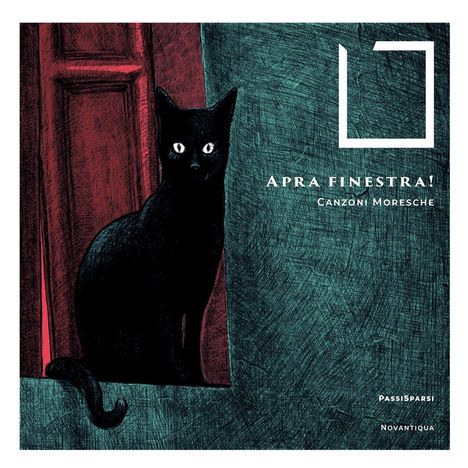 "APRA FINESTRA! CANZONI MORESCHE" zeigt eine Illustration: Eine schwarze Katze sitzt in einem roten Türrahmen.