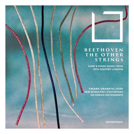 "BEETHOVEN THE OTHER STRINGS" steht über Harfen- und Pianoklänge. Titel und Instrumenten-Namen schweben auf türkisem Hintergrund.