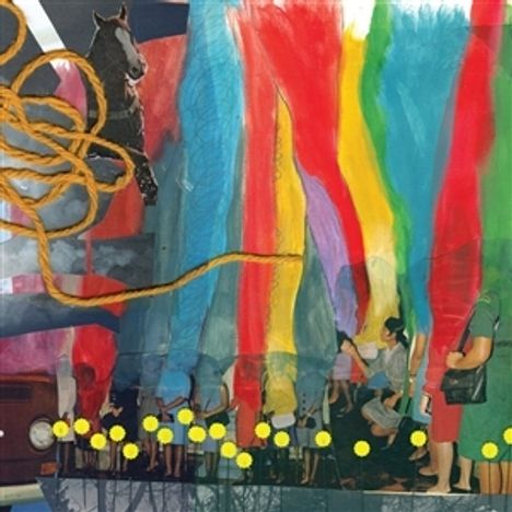 Ein Gemälde mit bunten Streifen, einer Gruppe von Menschen, einem Pferd und gelben Punkten; eine dynamische Szene.