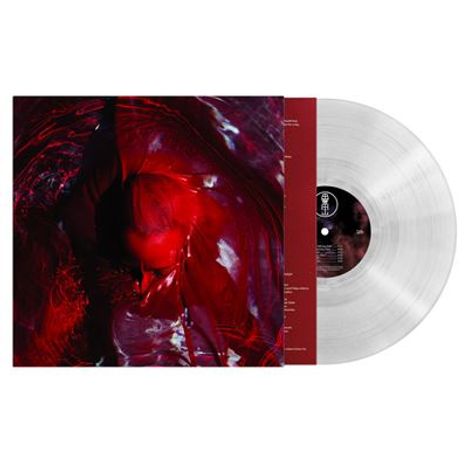 Transparente Schallplatte mit rot-schwarzem Kunstmotiv auf dem Cover, das abstrakte Formen zeigt.