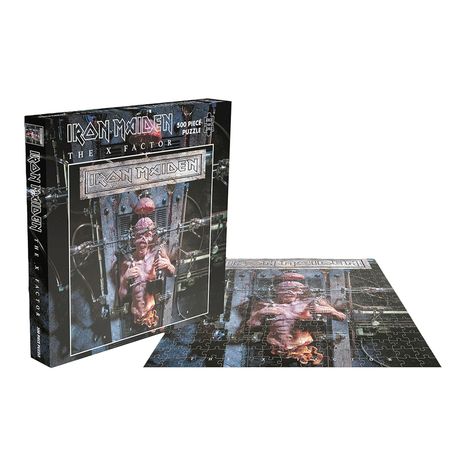 "Iron Maiden", "The X Factor", "500 Piece Puzzle". Illustration zeigt eine Figur in einer Metallumgebung, teils Puzzle, teils Box.