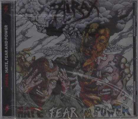 Text: "HIRAX HATE, FEAR AND POWER". Illustration von drei schreienden Gestalten vor einer Explosionswolke.