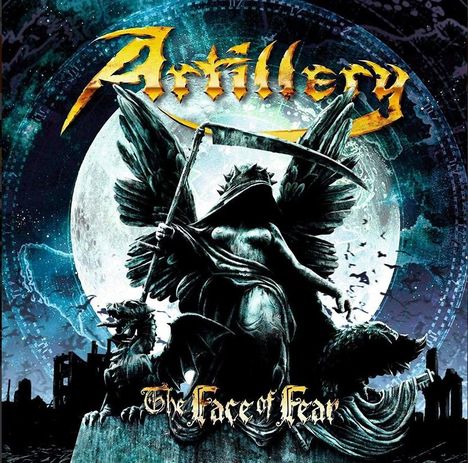 Artillery, The Face of Fear, Logo und Illustration eines Engels mit Sense vor Vollmond, neugotische Stimmung.