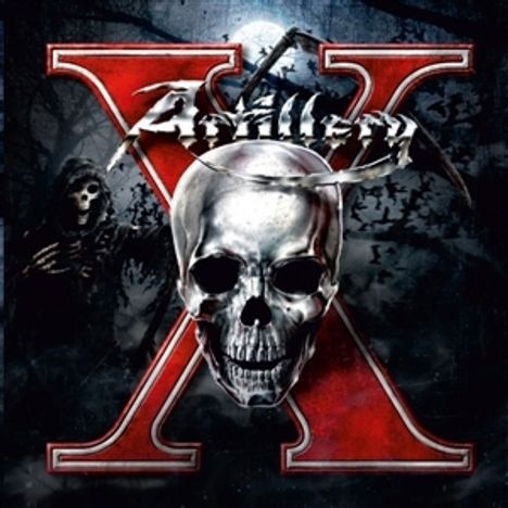 Text: "X" und "Artillery". Illustration eines Schädels vor einem großen roten X, im Hintergrund Fledermäuse und ein Sensenmann.