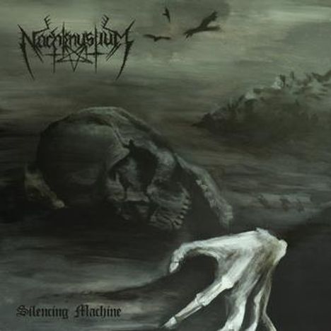 "Silencing Machine". Dunkle, düstere Szene mit Schädel, krallenartiger Hand und fliegenden Vögeln.