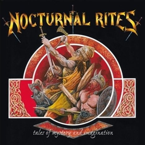 "Nocturnal Rites" und "tales of mystery and imagination". Illustration: Krieger in Rüstungen und Helme im Kampf.