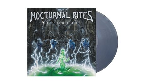 "Nocturnal Rites" und "Afterlife" in großen Buchstaben. Eine grüne Figur steht in einer elektrischen Landschaft.