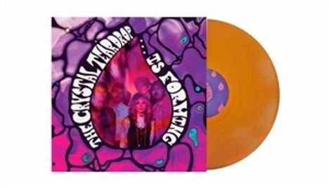 THE CRYSTAL TEARDROP TS FORMATING. Bunte, psychedelische Illustration mit orangener Schallplatte.