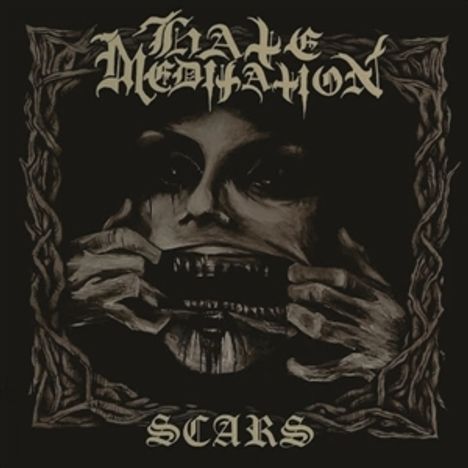 "THAET MEDIATION" oben, "SCARS" unten. Illustration eines Gesichts, das sich den Mund mit Händen öffnet.
