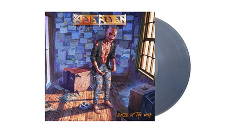 „Daze of the Week“ und „Acid Reign“ als bunte Schrift, eine surrealistische Gestalt in einem Raum voller Notizen.