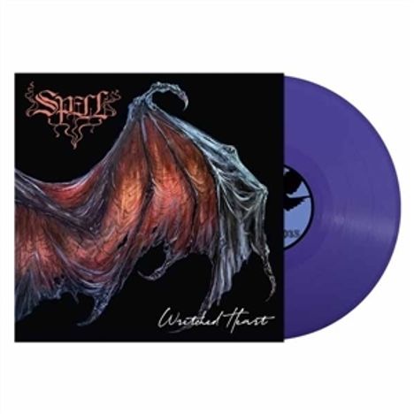 "Spell" und "Wretched Illusions" in verschnörkelter Schrift über einem violetten Vinyl und einer Illustration eines zerfetzten Flügels.
