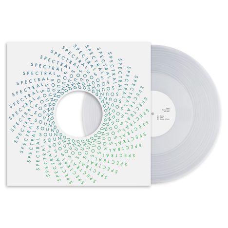 Kreisförmiger Text "SPECTRAL SOUND". Durchsichtige Vinyl-Schallplatte, schlichtes Design.