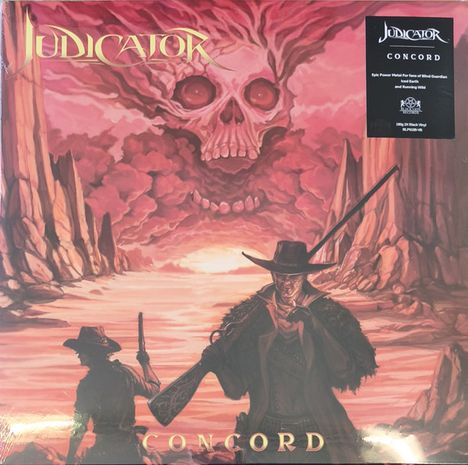 Text: "Judicator", "Concord". Illustration: Zwei Figuren in Cowboy-Kleidung vor einem roten Himmel mit Schädelwolken.