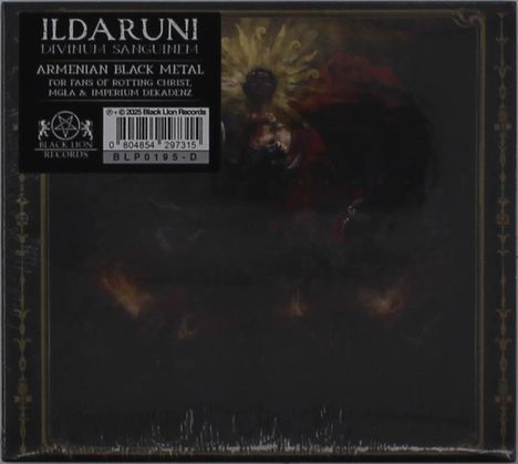 Text: ILDARUNI DIVINA SANGUINEA ARMENIAN BLACK METAL. Dunkles, mystisches Gemälde mit Figur und goldener Aureole.