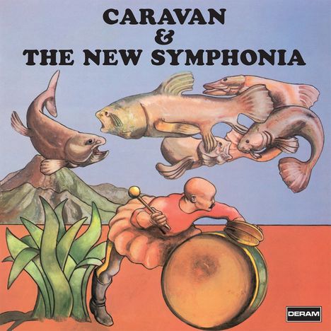 „CARAVAN & THE NEW SYMPHONIA“. Eine Illustration: Ein Mann spielt Trommel, große Fische schwimmen darüber.