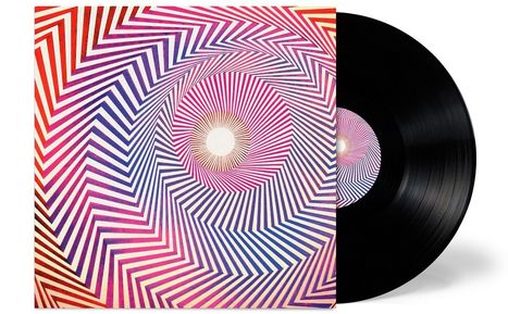 Keine Texte. Ein Schallplattencover mit hypnotischem, spiralförmigem Muster in Rot, Blau und Magenta.