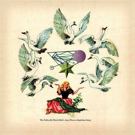 „The Fallen By Watch Bird - Jane Weaver Septième Sœur“. Illustration mit fliegenden Schwänen und einer Frau im roten Kleid.