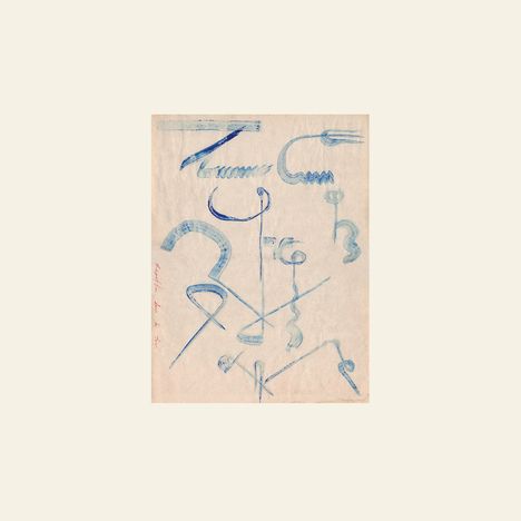 Verschnörkelte, blaue kalligrafische Formen auf beigem Hintergrund, links roter Text: "Musique de la 3ème".