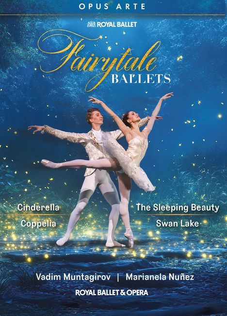 „Fairytale Ballets“: Cinderella, Coppélia, The Sleeping Beauty, Swan Lake. Tänzerpaar in Ballettpose vor blauem Hintergrund.