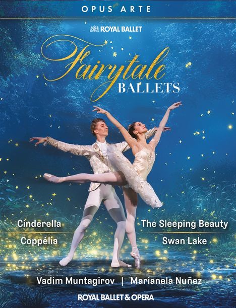 "Fairytale Ballets" in geschwungener Schrift auf blauem Hintergrund. Zwei Balletttänzer in eleganter Pose voller Anmut.