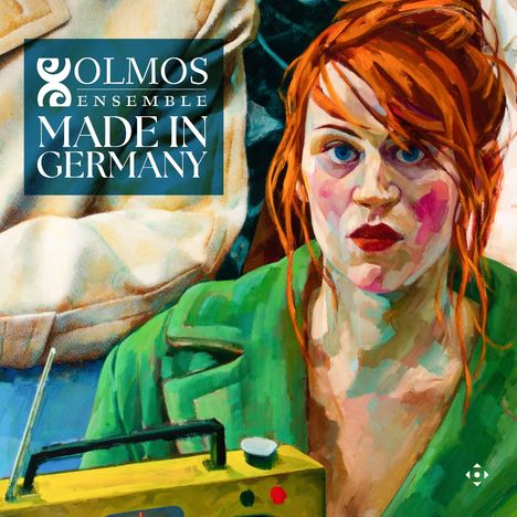 "OLMOS ENSEMBLE MADE IN GERMANY." Illustration einer Frau mit roten Haaren und einem grünen Mantel, sie hält ein gelbes Radio.