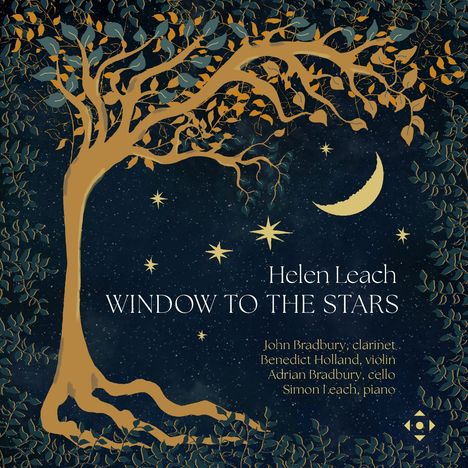 „Helen Leach: Window to the Stars“. Braun-blauer Baum vor Sternenhimmel, mit Mondsichel und Sternen.